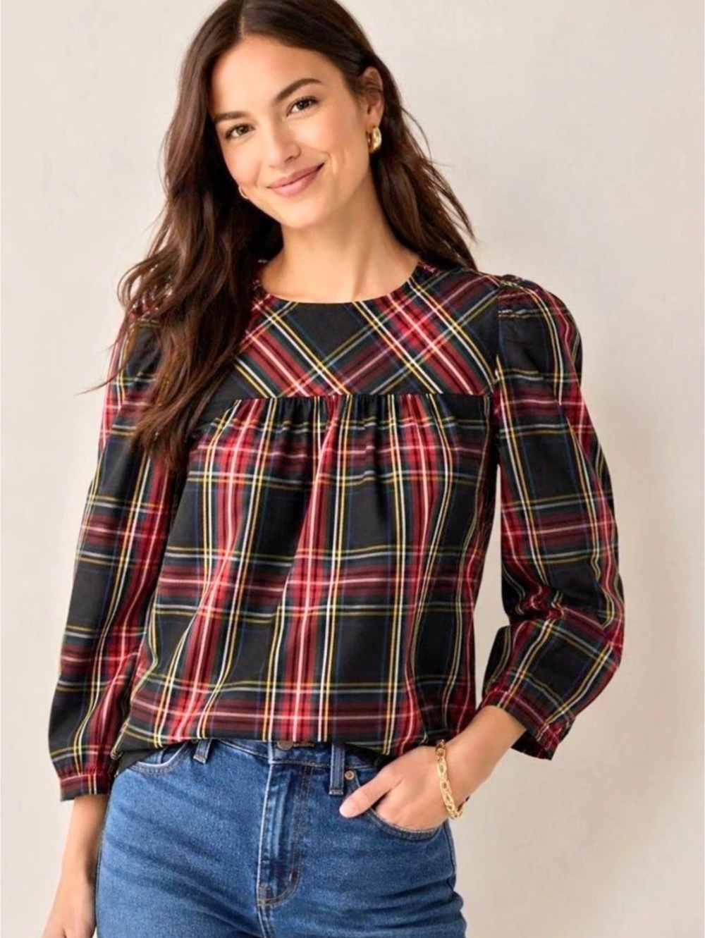 J.Crew Stewart Tartan Plaid Poplin Top Large Holiday Christmas Long Sleeve